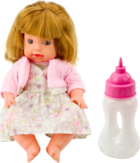 Puppet Doll with Feeding Bottle in Pink Dress with Sounds 30 cm