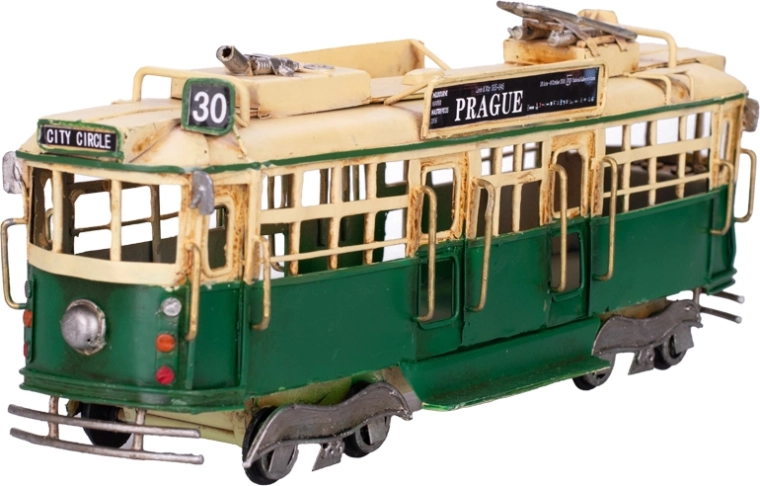 Metalinis tramvajaus modelis „Prague“ – žalia vintažinė dekoracija su laisva eiga