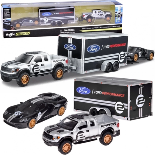 Maisto metal set 1:64 – FORD Raptor with trailer and FORD GT Heritage