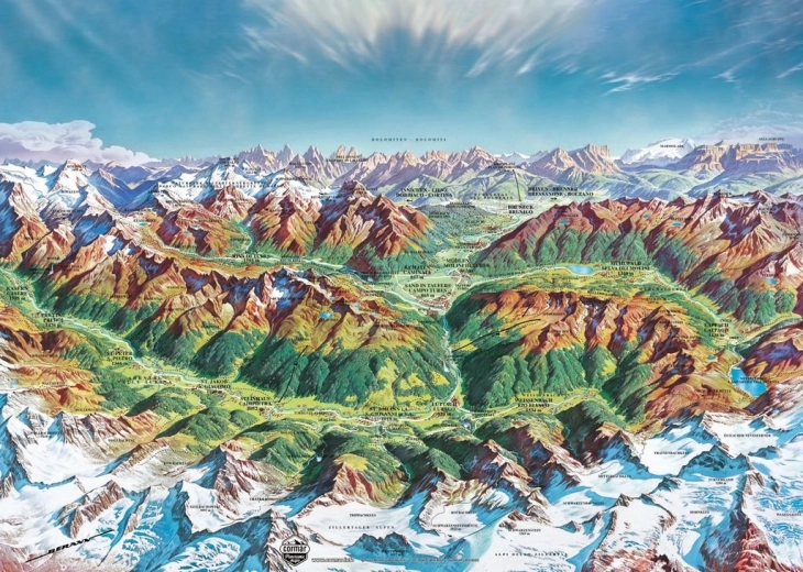 Heye dėlionė Map Art: Kalnų pasaulis Alpėse, 2000 detalių