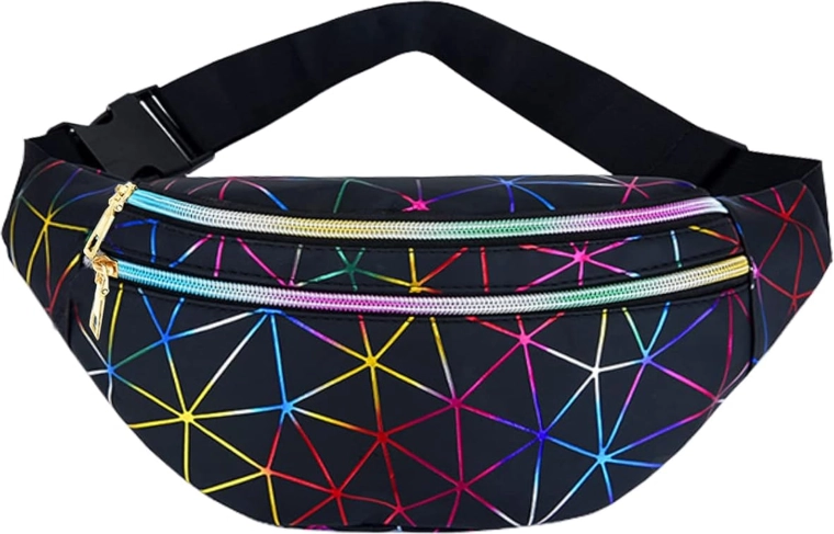 Unisex juosmens rankinė su holografiniu geometriniu raštu, 3 kišenės, reguliuojamas diržas