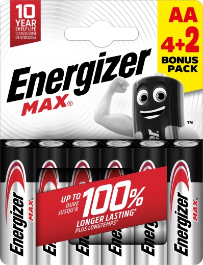 Energizer Max AA šarminės baterijos 6 vnt. (4+2 nemokamai)