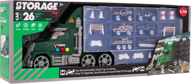 Military storage truck with slide, toy cars and accessories