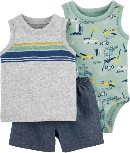 CARTER'S 3-piece set: sleeveless bodysuit, tank top and shorts grey cars for boys – NB