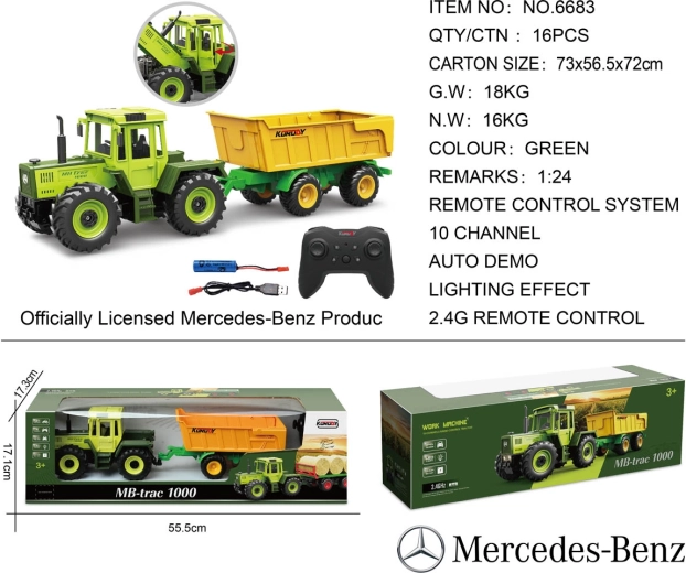 Nuotoliniu būdu valdomas žalias Mercedes-Benz traktorius su geltona priekaba 1:24