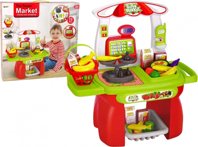 Vaikiškas supermarketas – pirkinių krepšelis, kasa, svarstyklės ir maisto produktai (13 dalių rinkinys)