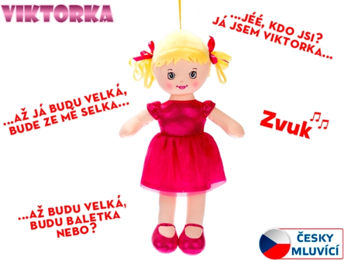 Skudurinė lėlė Viktorka 32 cm, kalbanti ir dainuojanti, tamsiai rožinė