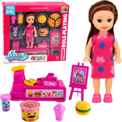 Mini Doll with Cash Register and Fast Food Stand