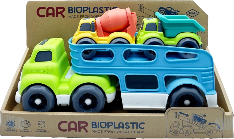 Bioplastikinis autovežis sunkvežimis su 2 automobiliukais (betonmaišė ir savivartis), 37 cm