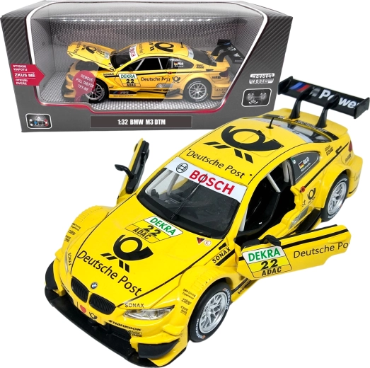 Metalinis BMW M3 DTM 1:32 modelis – geltonas su šviesomis ir garsais