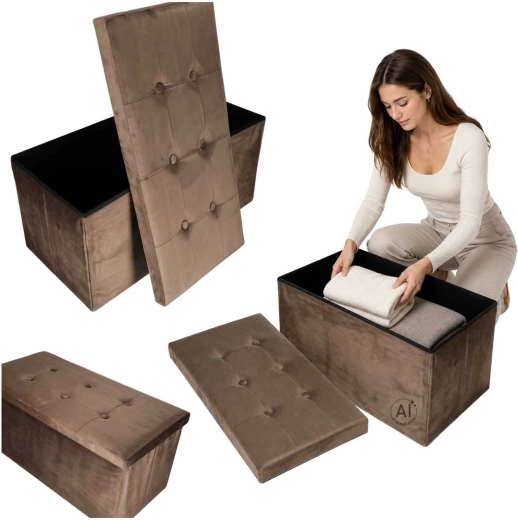 Sulankstoma veliūrinė pufa su daiktadėže 77 × 38 × 37 cm, ruda
