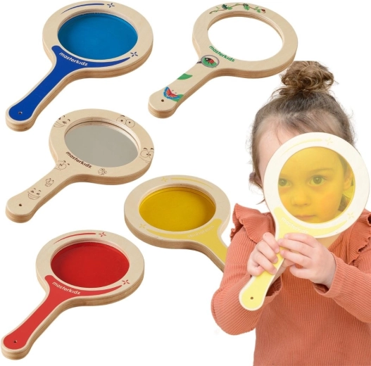 Masterkidz rinkinys: 5 medinės mentelės su spalvotais lęšiais ir didinamuoju stiklu