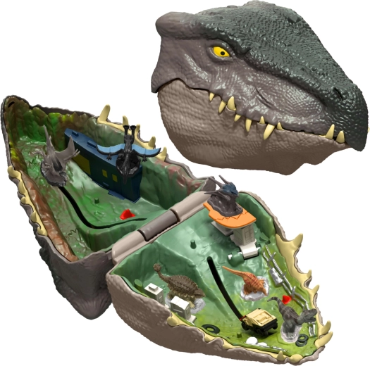 Nešiojama dinozauro galva, slepianti žaidimų pasaulį