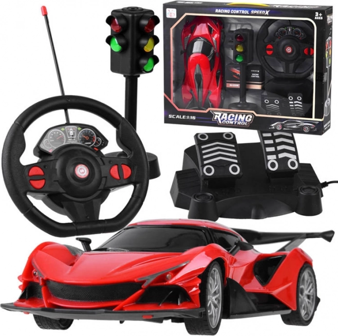 RC sports car with steering wheel, pedals and traffic light 1:16 – Red