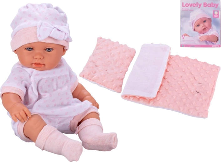 Lėlytė kūdikis su kietu kūnu 33 cm – rožinė, su pataliukais