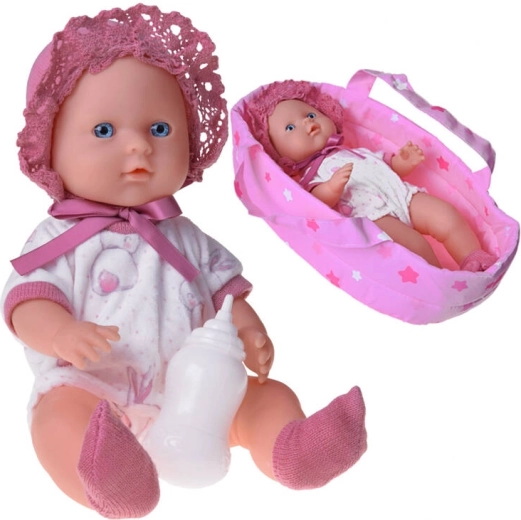Medžiaginė kūdikio lėlytė nešioklėje – geria ir šlapinasi, su buteliuku, 30 cm