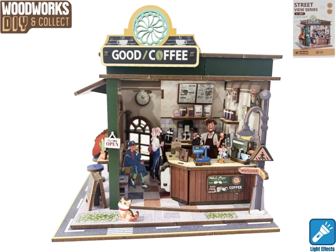 Medinis kavinės konstruktorius su apšvietimu „Woodworks“