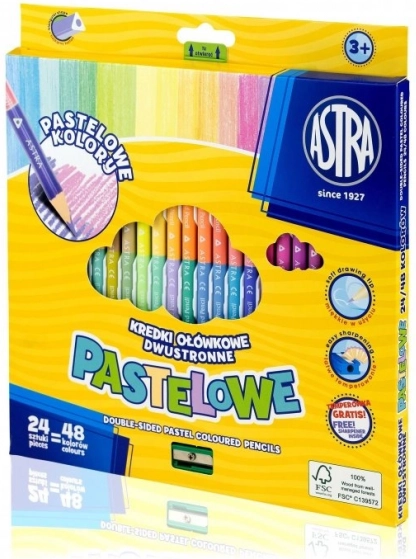 Trikampiai dvipusiai spalvoti pieštukai ASTRA, 24 vnt. (48 spalvos), pastelinių atspalvių