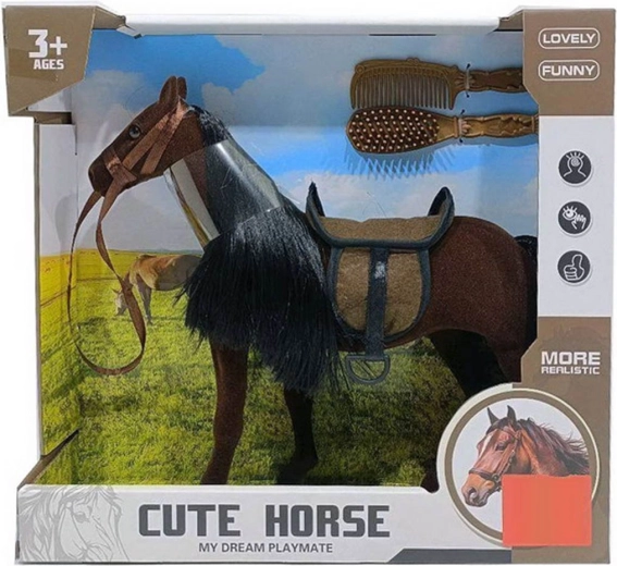 Brown pony with black mane and grooming accessories