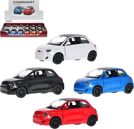 Kinsmart metalinis automobilio modelis Fiat 500e 1:28 su atbulinės eigos mechanizmu (pull-back) – 1 vnt.