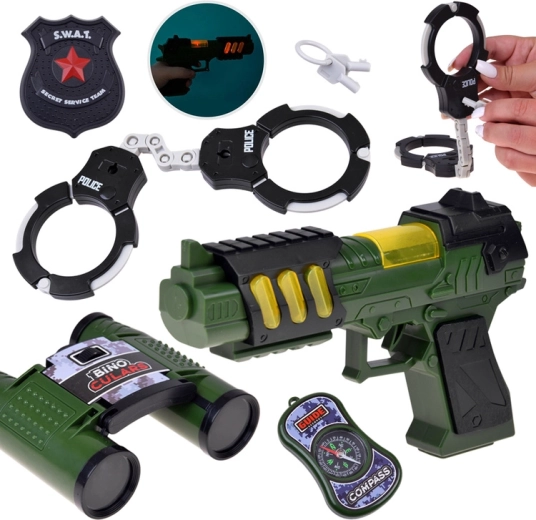 Mažojo policininko SWAT rinkinys su pistoletu su šviesa ir garsu, žiūronais ir antrankiais