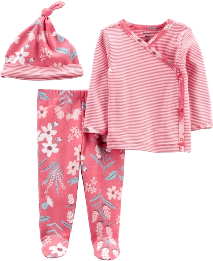 Carter’s mergaitiškas rinkinys Pink Flower – perrišami marškinėliai ilgomis rankovėmis, pusšliaužtukai ir kepurė