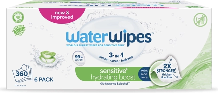 WaterWipes drėkinamosios drėgnos servetėlės su alaviju 3 viename 6×60 vnt. (360 vnt.)