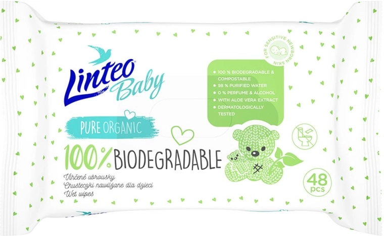 Linteo Baby vaikiškos drėgnos servetėlės 100 % biologiškai suyrančios, 48 vnt.