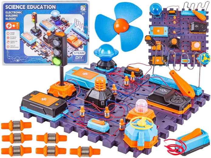 Science experiment kit with electronic circuits (traffic light, fan)