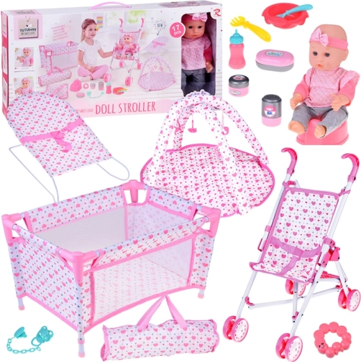 Deluxe baby doll set – stroller, travel crib and play mat with accessories (17 pcs)