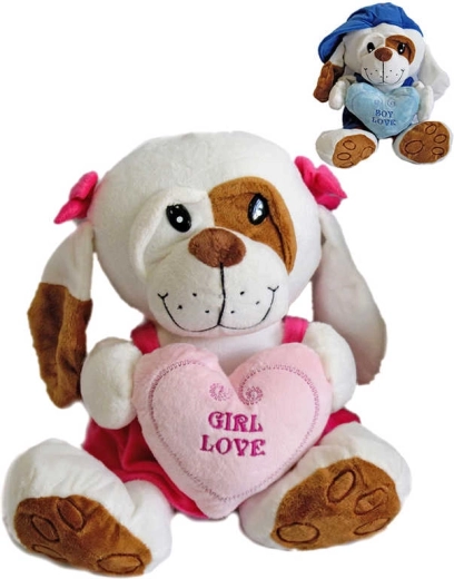 Pliušinis šuniukas su drabužėliais Love 25 cm su širdele - 1 vnt.