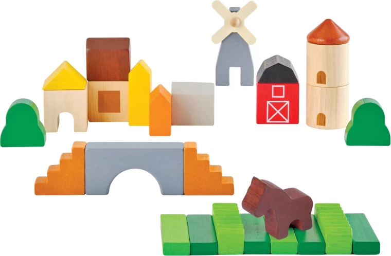 PlanToys medinė statybinė žaislų kaladėlių rinkinys kaime (Country Blocks)
