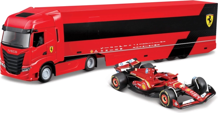 Bburago lenktyninis vilkikas Iveco su priekaba ir F1 Ferrari SF-24 2024 (Charles Leclerc) 1:43