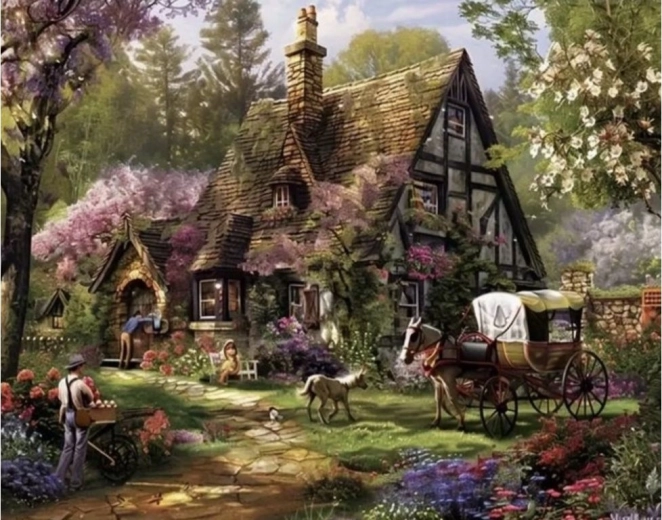Deimantinė tapyba – kaimo trobelė 30 × 40 cm