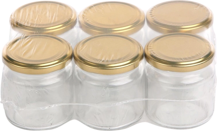 Set of 6 glass preserving jars 200 ml with gold lids 66 mm