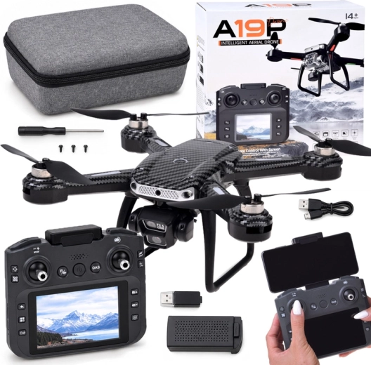 RC dronas A19P su HD kamera, pultu su ekranu ir kliūčių vengimu