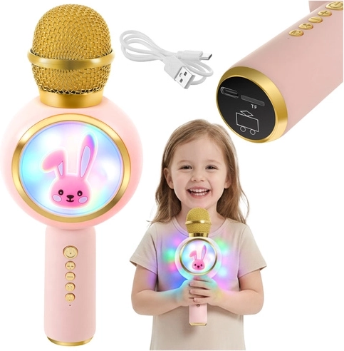 Belaidis karaoke mikrofonas vaikams su LED, rožinis IZOXIS