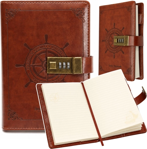 A5 notebook with a combination lock in eco leather, brown with helm embossing