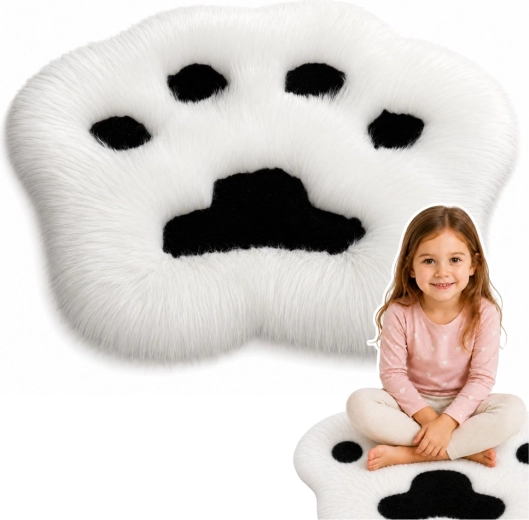 Plush furry paw-shaped rug black and white 60 × 60 cm