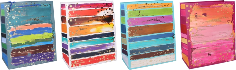 Dovanų maišelis M 26 × 32 × 10 cm – visiems metams, spalvotos juostos ir auksiniai akcentai