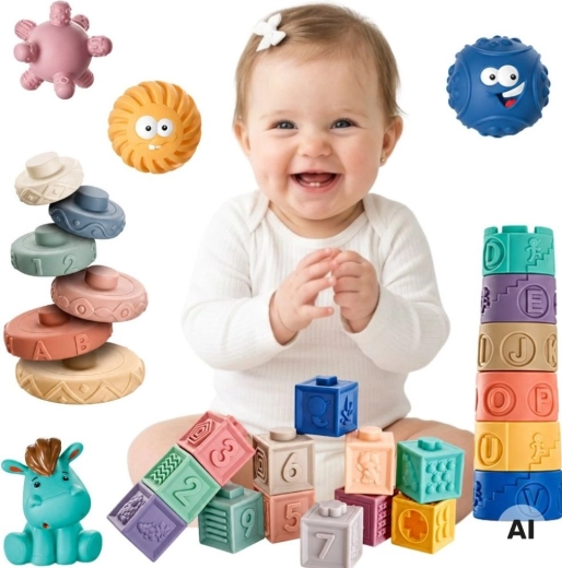 Woopie Baby minkštos sensorinės kaladėlės ir kamuoliukai, 27 vnt.