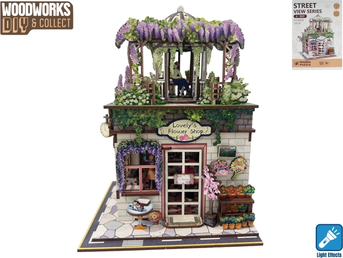 Woodworks medinė konstravimo rinkinio „gėlių parduotuvėlė“ su šviesa (243 detalės)