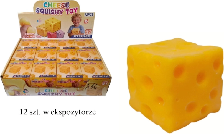 Anti-stress squishy ball in the shape of a cheese cube (6 × 6 × 6 cm)