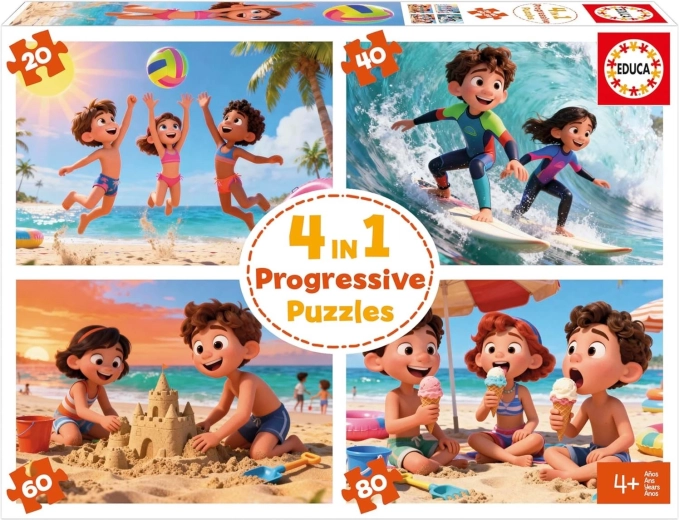 EDUCA Kids’ Puzzle Beach 4-in-1 – Progressive Assembly (20–80 pieces)