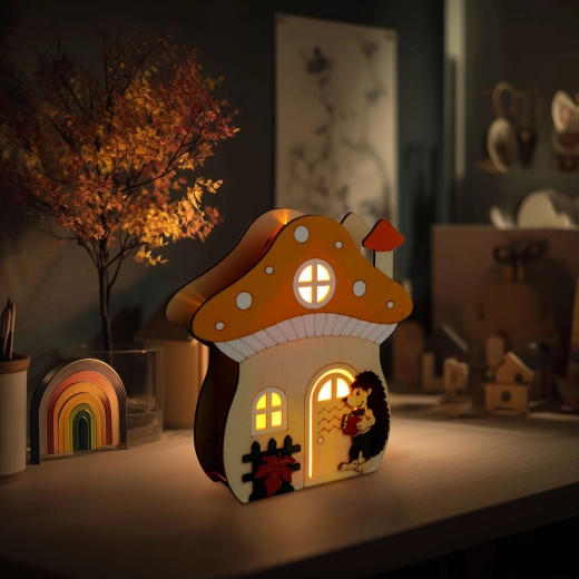 Mushroom Cottage Wooden Light Decoration with Hedgehog