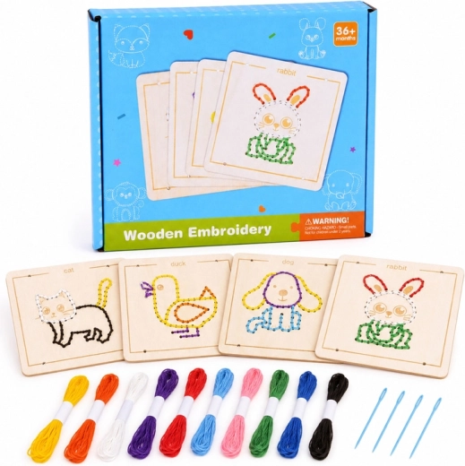 Medinė Montessori pervėrimo (siuvinėjimo) priemonė vaikams – rinkinys su 4 gyvūnėliais ir mulina