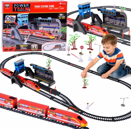 Electric toy train set for kids with station and 300 cm of track