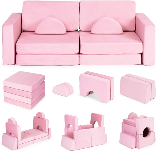 Sulankstoma modulinė vaikiška sofa 2 asmenims su 10 minkštų pagalvių ECOTOYS – Rožinė