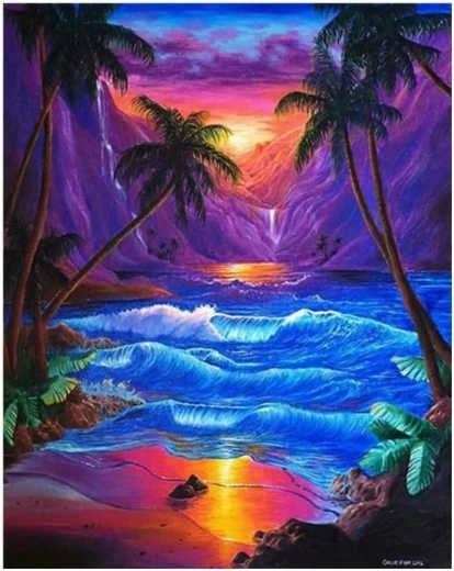 Deimantinis tapymas „Saulėlydis po palmėmis“ 30 × 40 cm
