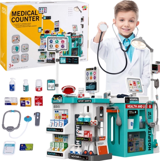 Vaikiškas gydytojo rinkinys su medicininiu staliuku – 77 dalys, su šviesomis ir garsais